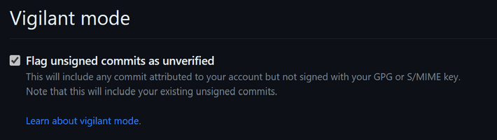 screenshot showing the option to enable vigilant mode on GitHub
